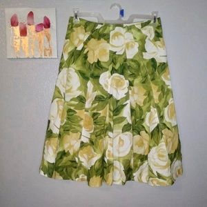 Premise a-line green yellow floral full office midi skirt